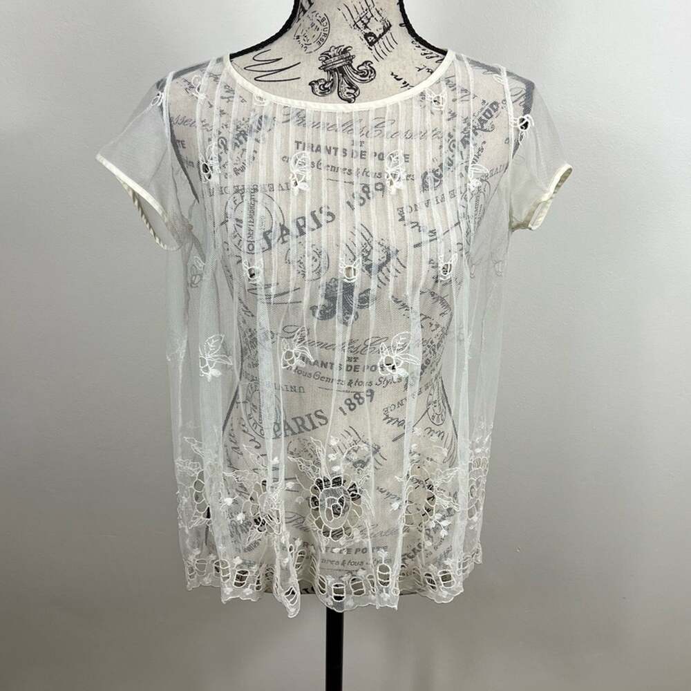 Rebecca Taylor White mesh short sleeve floral boho sheer Top